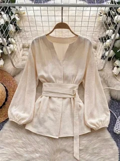 شومیز لینن نچرال زنانه با شال کمری (لینن ایتالیایی) کد 57731